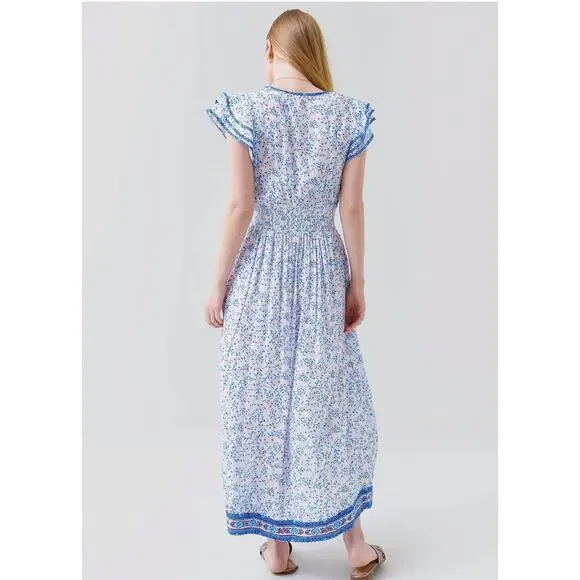 Poupette St Barth Della Blue Floral Midi Dress Smocked Waist XS - Picture 2 of 11